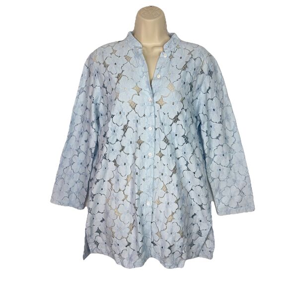 Walker & Wade Lace Bali Beach Blazer Shirt XL Blue Floral Resort Wear Beach NWOT - Picture 1 of 16